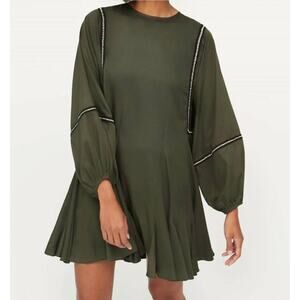 RHODE Saskia Dress Puff Sleeve Crochet Trim Mini Long Sleeve Belted Forest Green